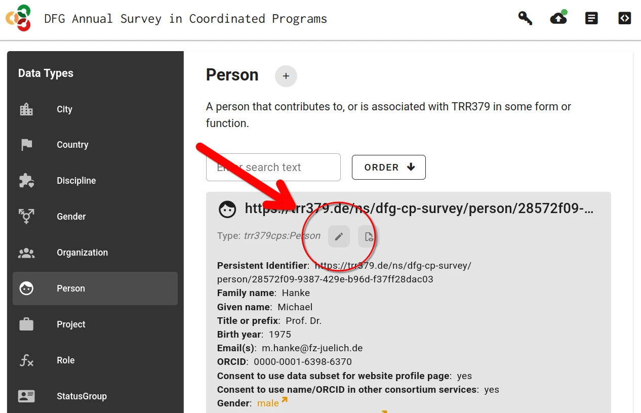 Screenshot showing the edit-button for a person record
