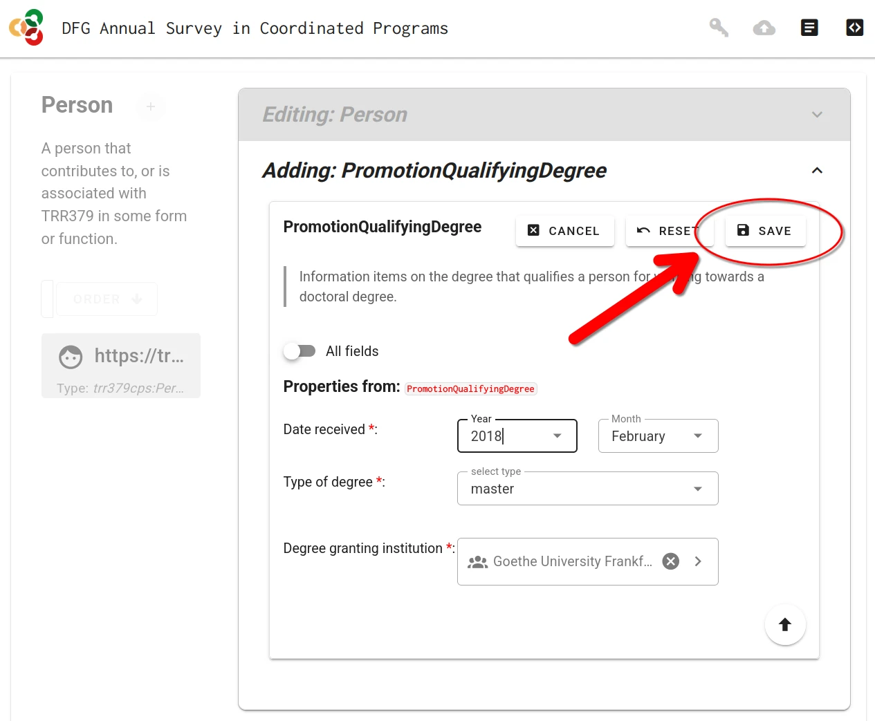 Screenshot showing the form save button