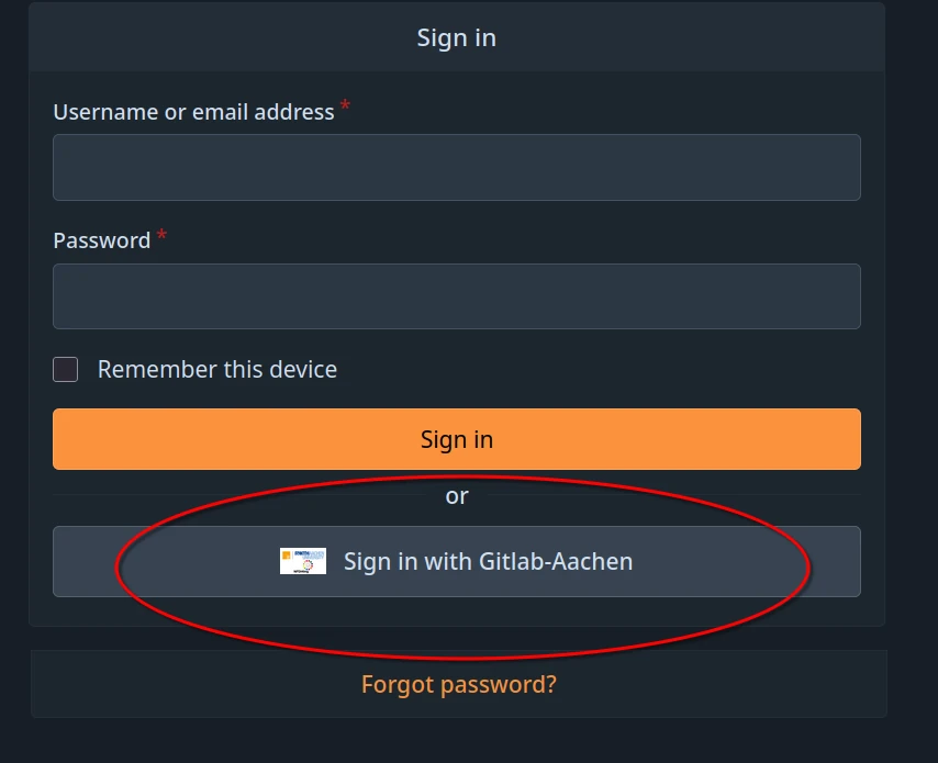 Sign in screen for TRR379 collaboration hub, with the Sign in with Gitlab-Aachen button circled in red.