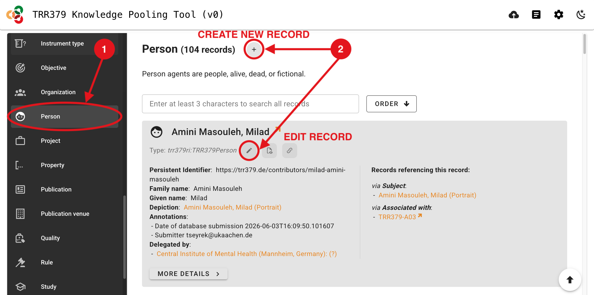 Screenshot showing the add- and edit-buttons for a person record