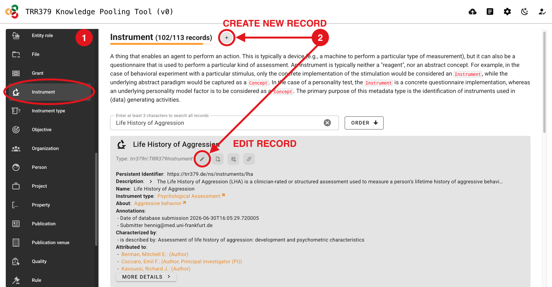 Screenshot showing the add- and edit-buttons for an instrument record