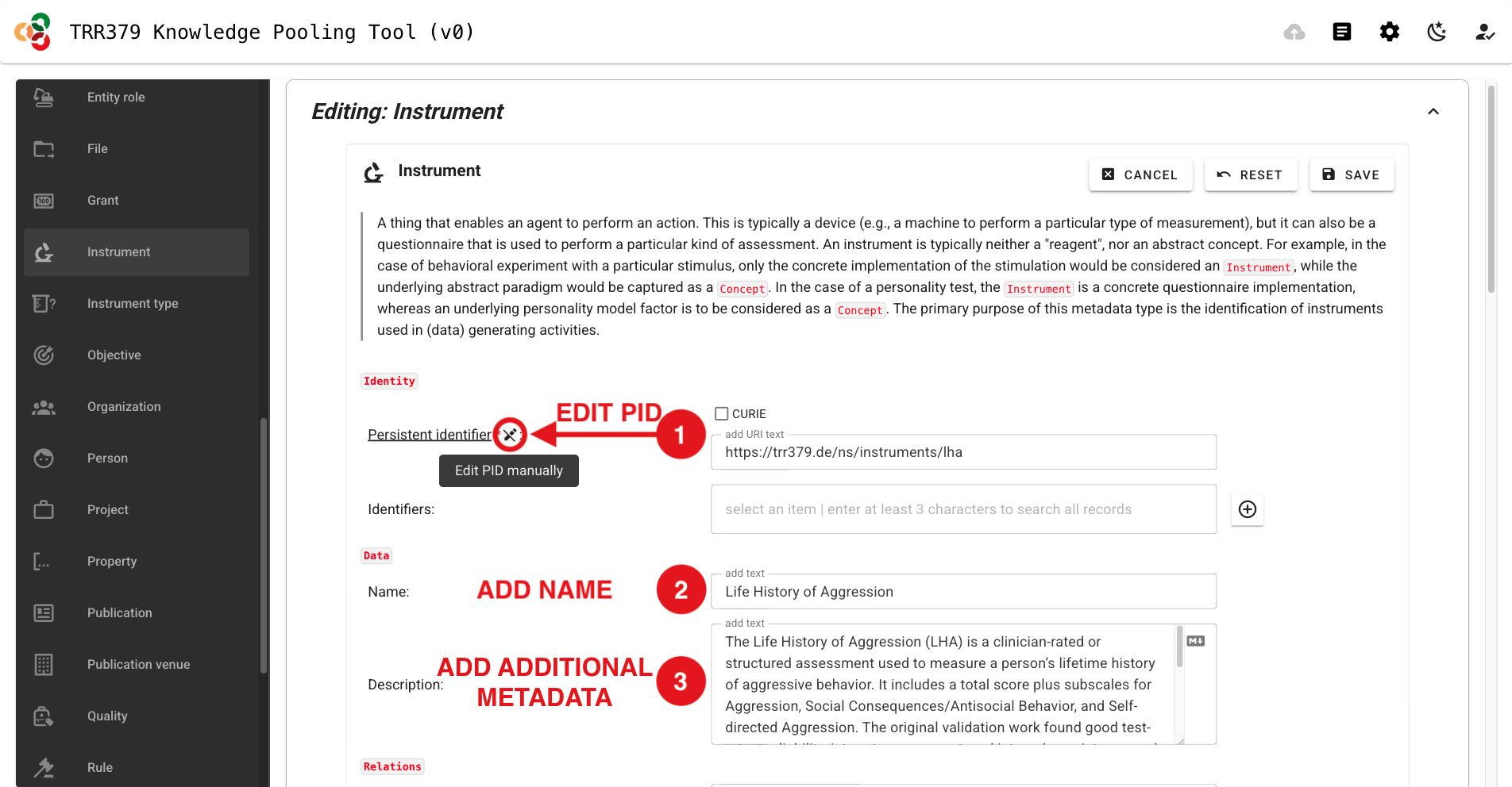 Screenshot showing the &ldquo;Edit PID manually&rdquo; button, &ldquo;Name&rdquo; box, and additional metadata (i.e., &ldquo;Description&rdquo;)