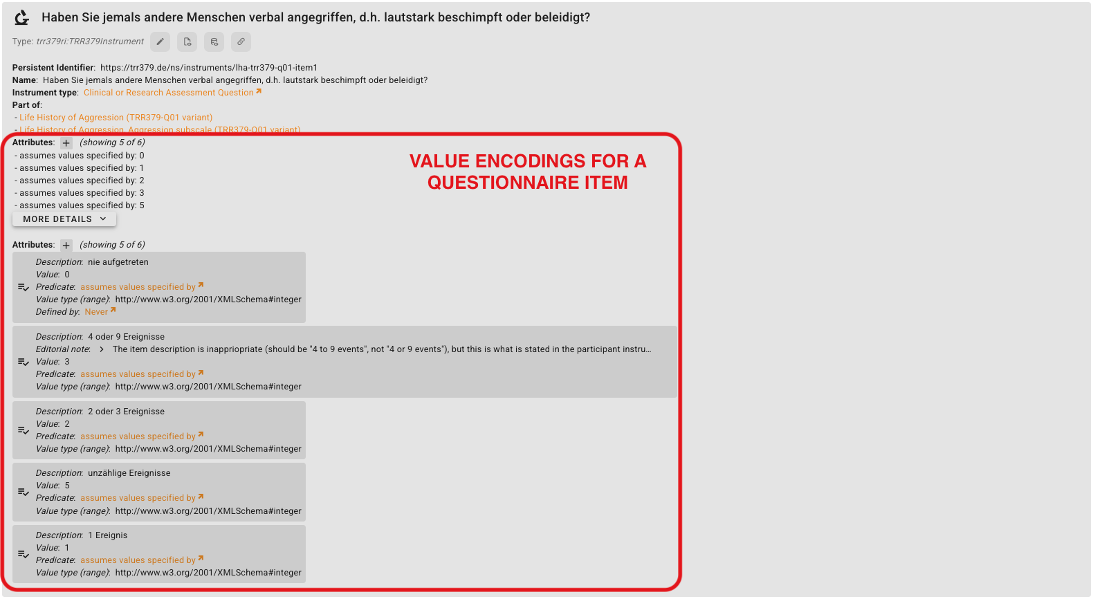 Example of an annotated questionnaire item, highlighting the value encodings