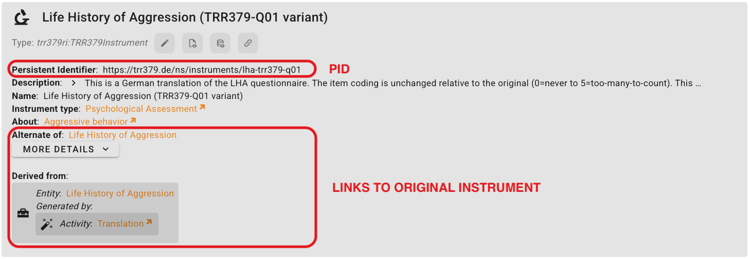 Example of an annotated variant, highlighting the PID and links to the original instrument