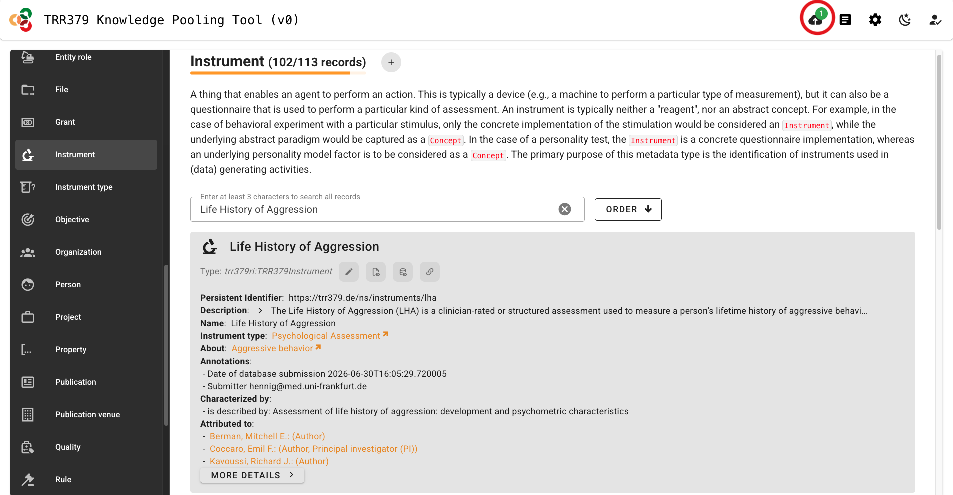 Screenshot showing an annotated Instrument record and highlighting the submission button