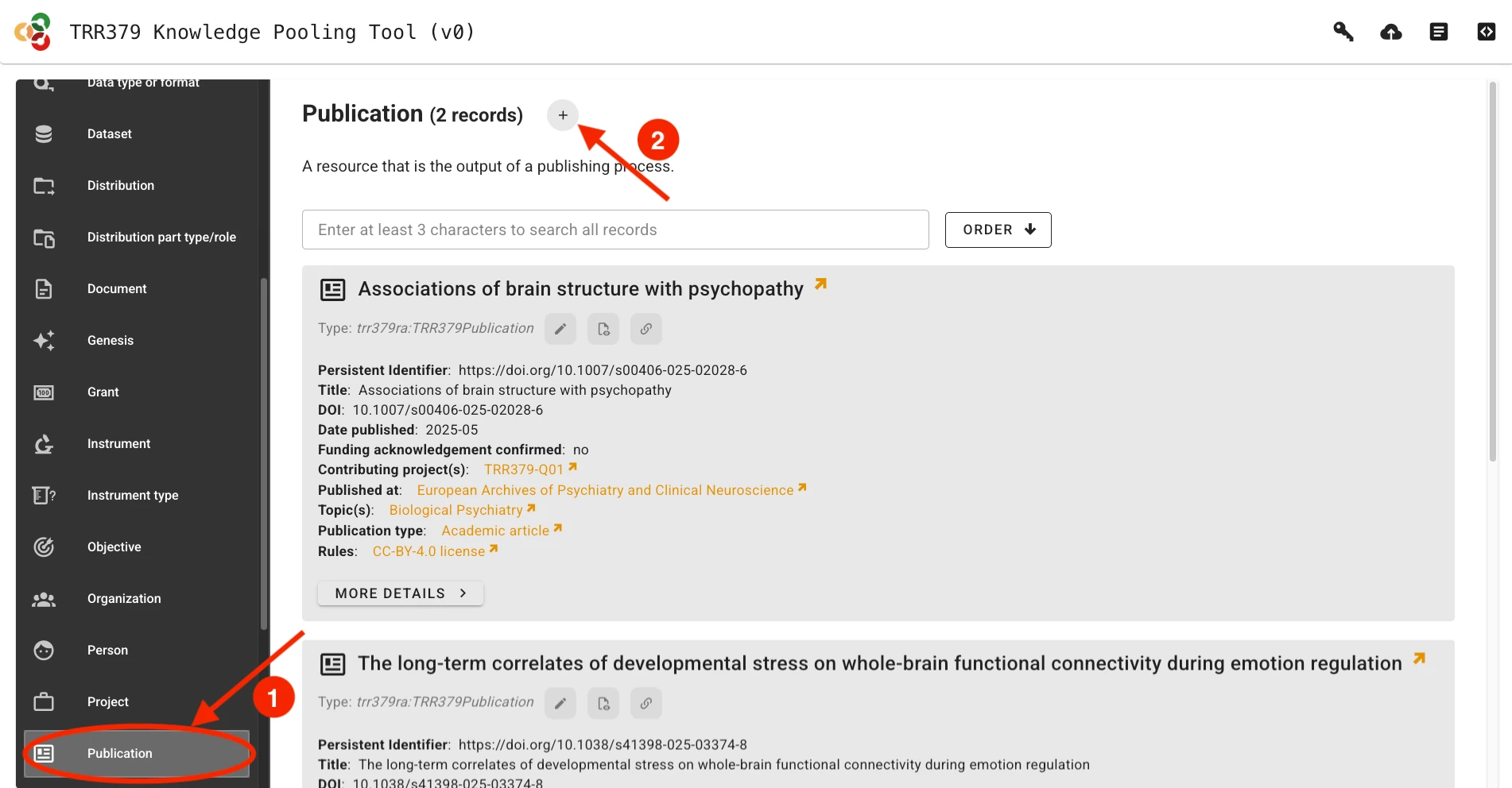 Screenshot showing the add-button for a publication record
