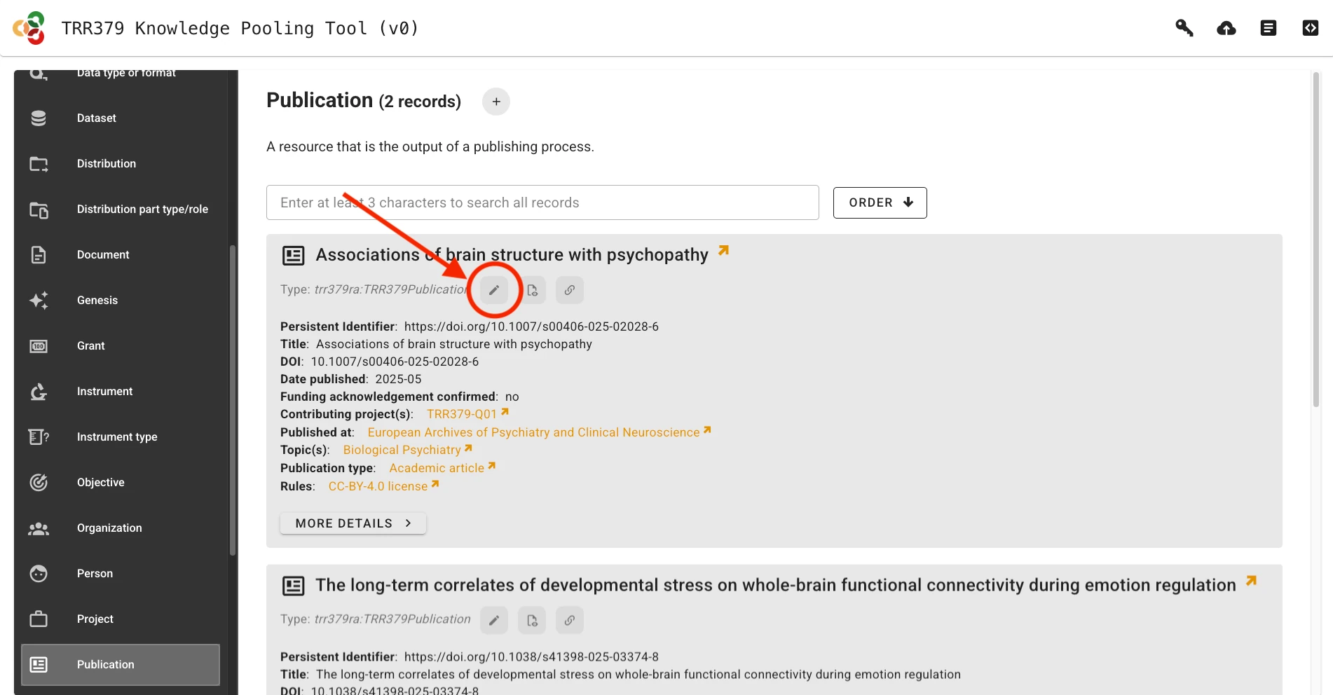 Screenshot showing the edit-button for a publication record