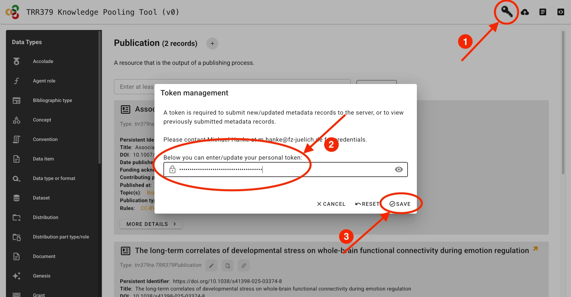 Screenshot showing token management button and pop-up window.