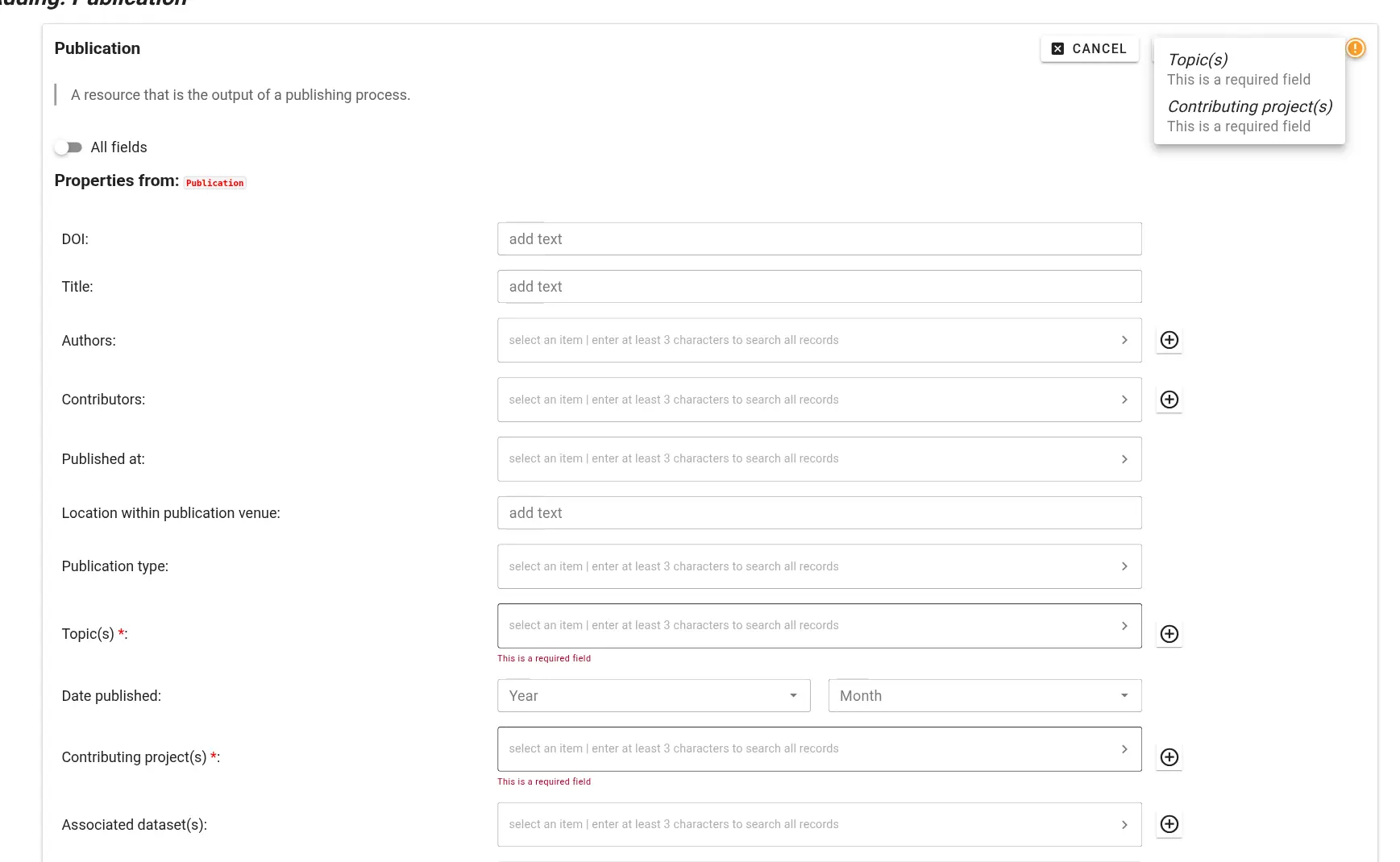 Screenshot of an empty publication record form with missing required fields highlighted.