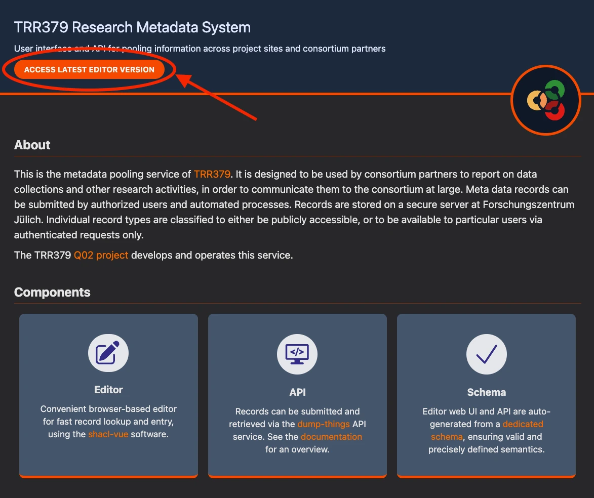 Screenshot of https://pool.v0.trr379.de/. The page is titled, TRR379 Research Metadata System and subtitled, User interface and API for pooling information across project sites and consortium partners. The ACCESS LATEST EDITOR VERSION button is circled in red with a red arrow pointing to it. There is an About paragraph that describes the metadata pooling service as follows: This is the metadata pooling service of TRR379. It is designed to be used by consortium partners to report on data collections and other research activities, in order to communicate them to the consortium at large. Meta data records can be submitted by authorized users and automated processes. Records are stored on a secure server at Forschungszentrum Jülich. Individual record types are classified to either be publicly accessible, or to be available to particular users via authenticated requests only. The TRR379 Q02 project develops and operates this service. Underneath the About paragraph, is a Components section with three components: Editor, API, and Schema. The TRR379 logo is displayed at the top right of the screen.