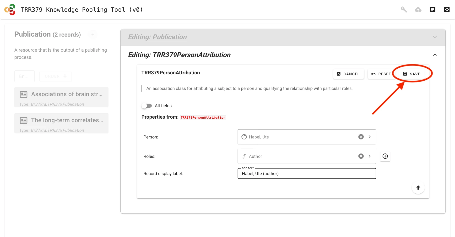 Screenshot showing the form save button