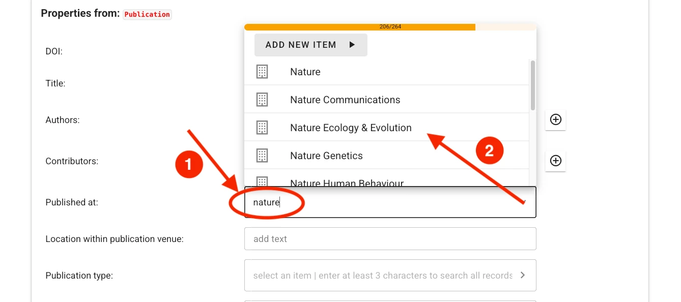 Screenshot showing the item selector and constrained search