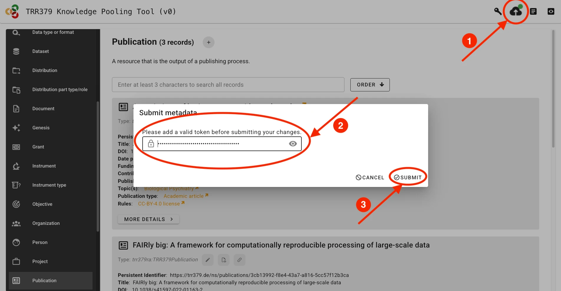 Screenshot showing the form submit button, as well as the pop-up window prompting the user to enter their access token.