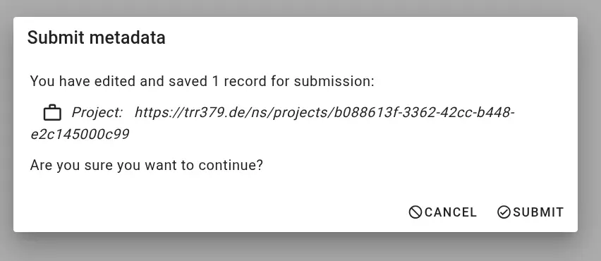 Screenshot showing the form submit button with a summary of the saved and to-be submitted record.