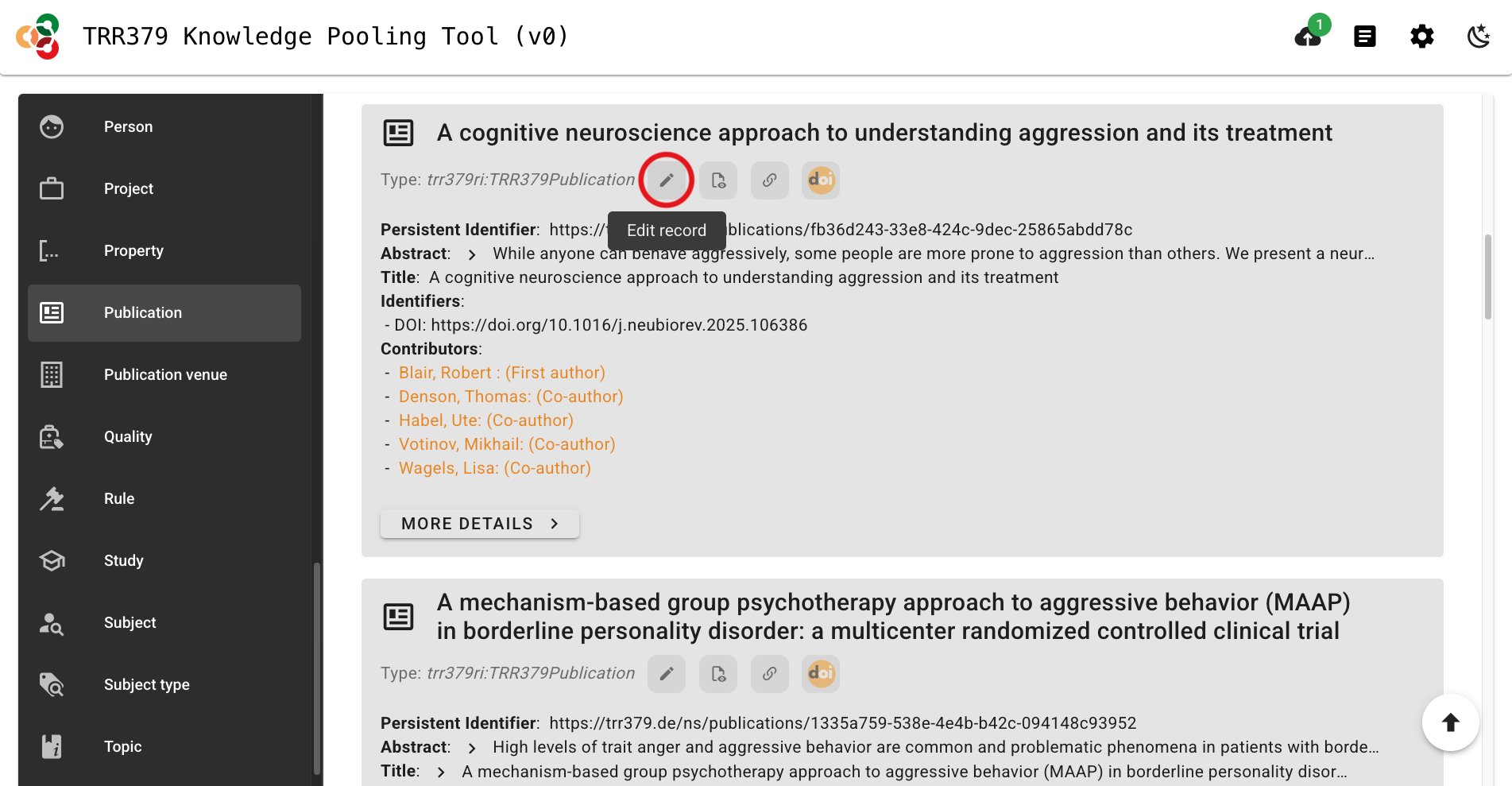 Screenshot highlighting the edit button to edit an existing Publication record