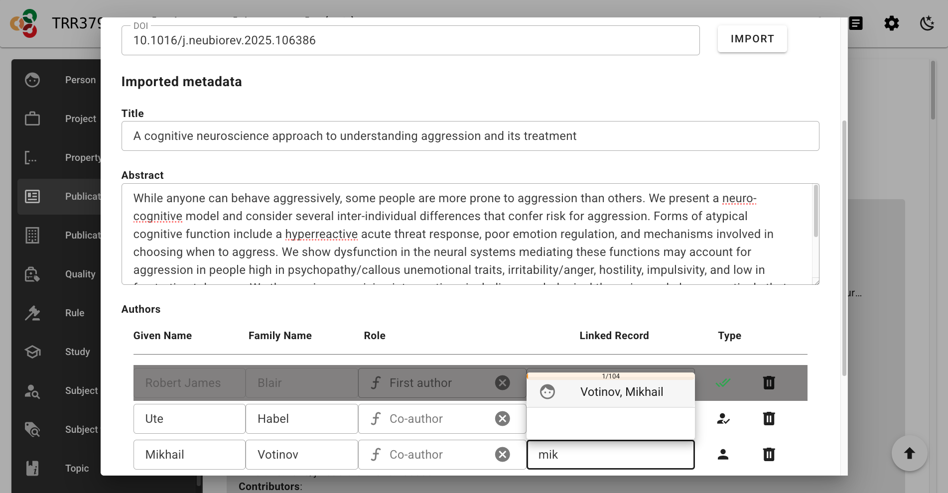 Screenshot showing the Imported metadata panel while selecting a Linked Record for a co-author