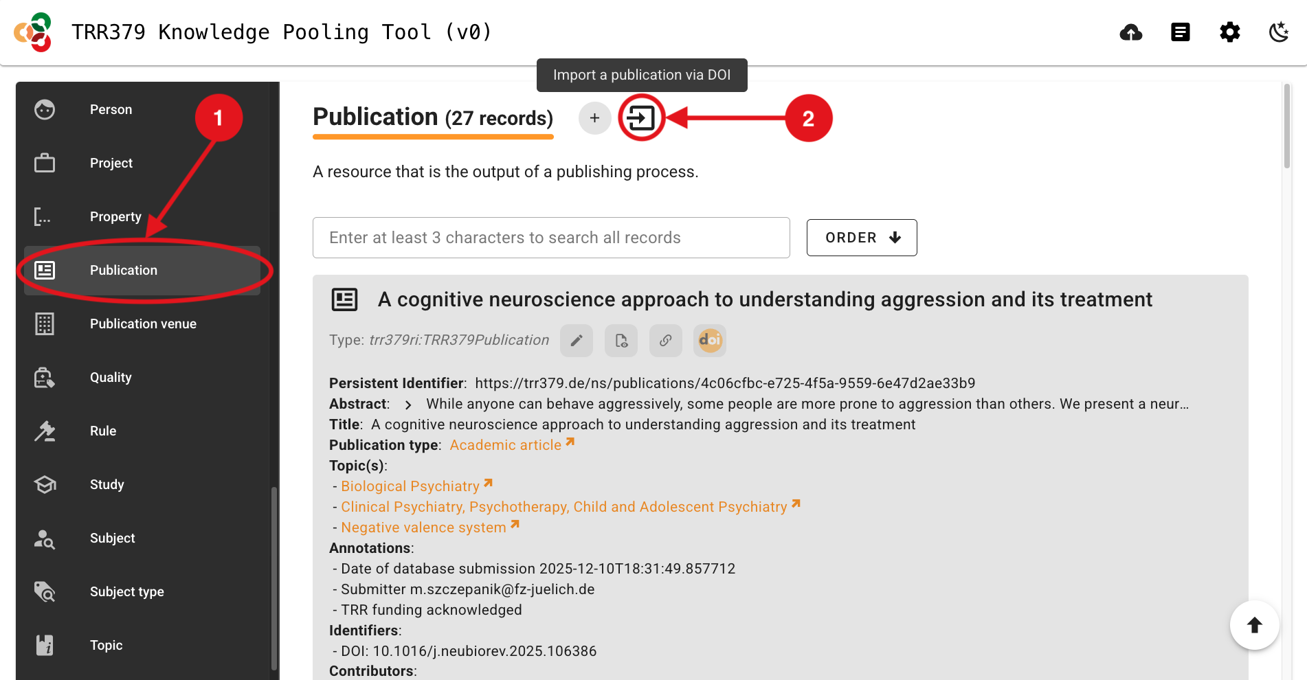 Screenshot showing the button for importing a publication via its DOI