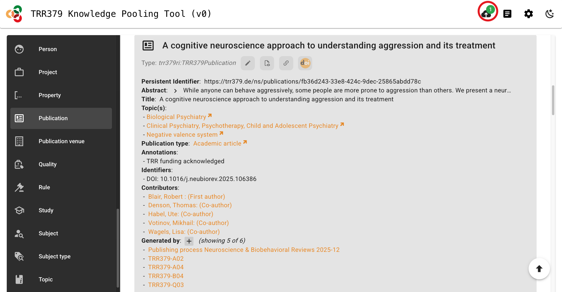 Screenshot showing an annotated Publication record and highlighting the submission button