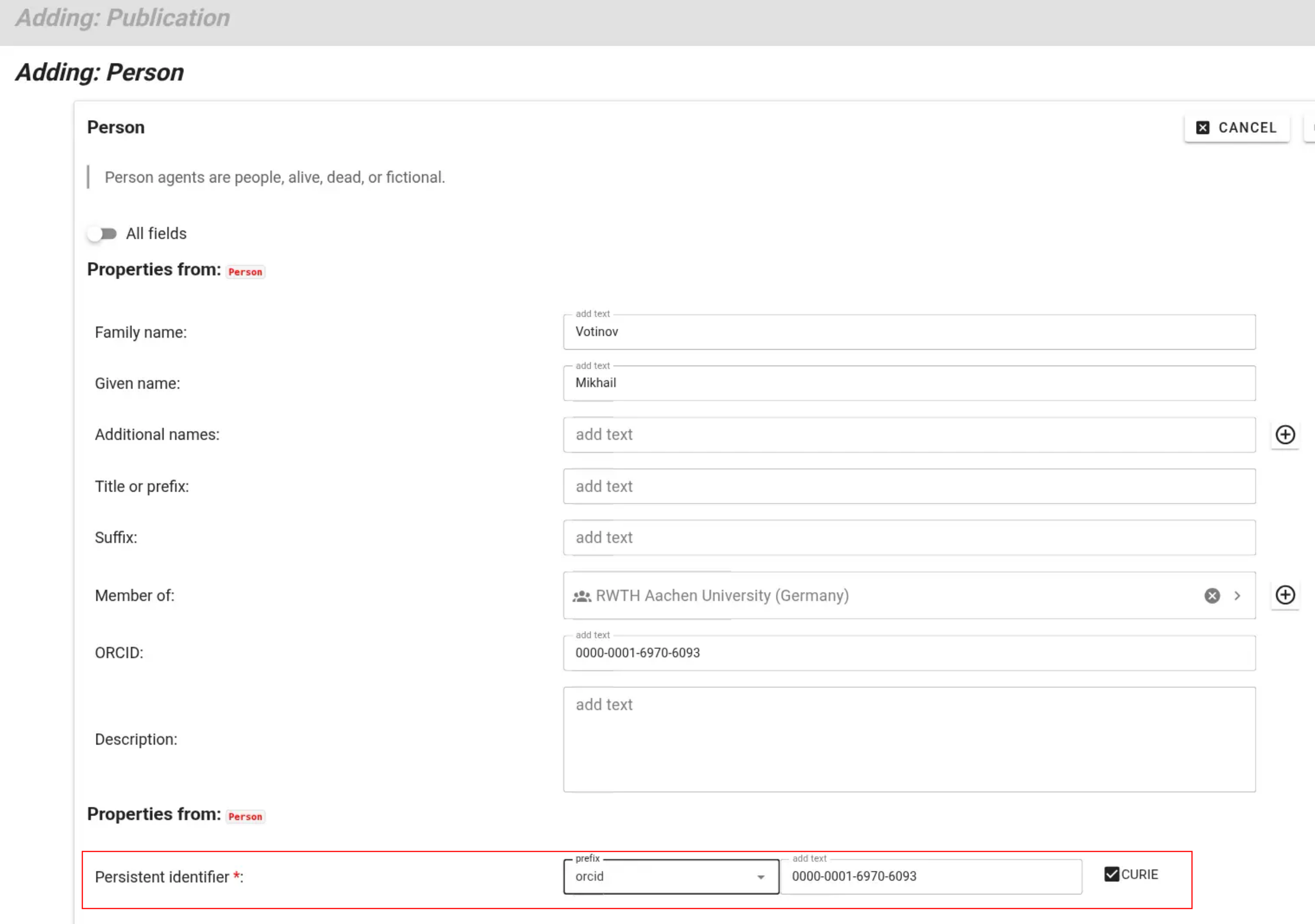 Screenshot of the addition of a non-TRR member. The persistent identifier prefix is ORCID.
