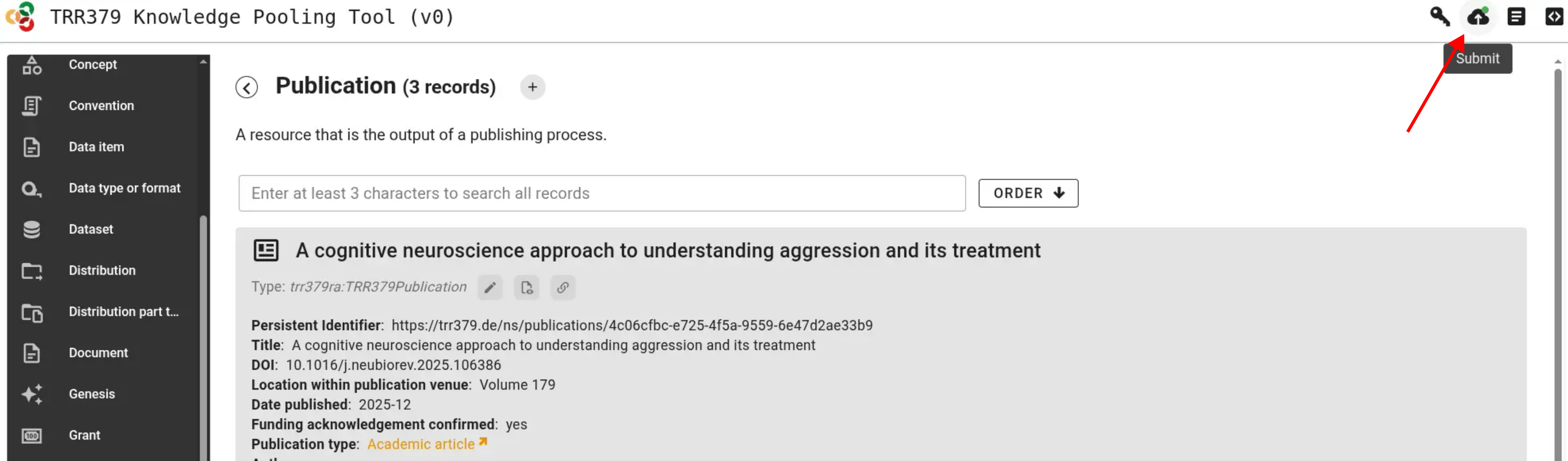 Screenshot of the Publication page, with the submission icon indication saved records that can be submitted.