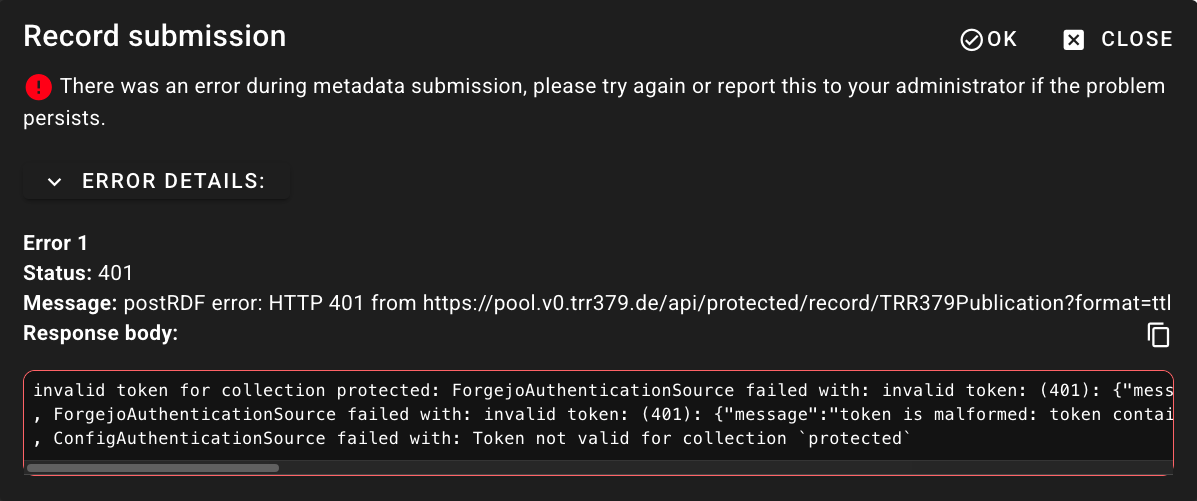 Screenshot of an invalid token error message displayed during a record submission attempt