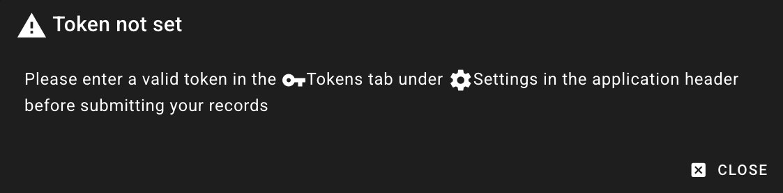 Screenshot of the &ldquo;Token not set&rdquo; error message